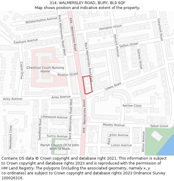 314, WALMERSLEY ROAD, BURY, BL9 6QF: Location map and indicative extent of plot