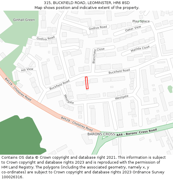 315, BUCKFIELD ROAD, LEOMINSTER, HR6 8SD: Location map and indicative extent of plot