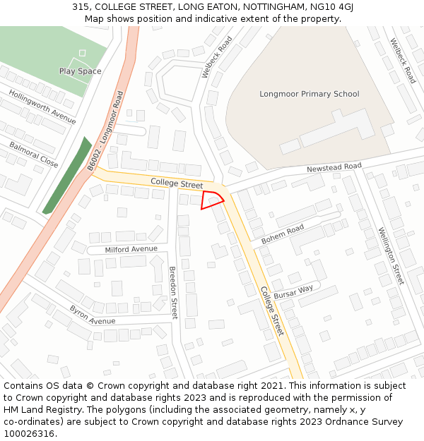315, COLLEGE STREET, LONG EATON, NOTTINGHAM, NG10 4GJ: Location map and indicative extent of plot