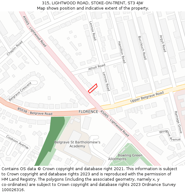 315, LIGHTWOOD ROAD, STOKE-ON-TRENT, ST3 4JW: Location map and indicative extent of plot