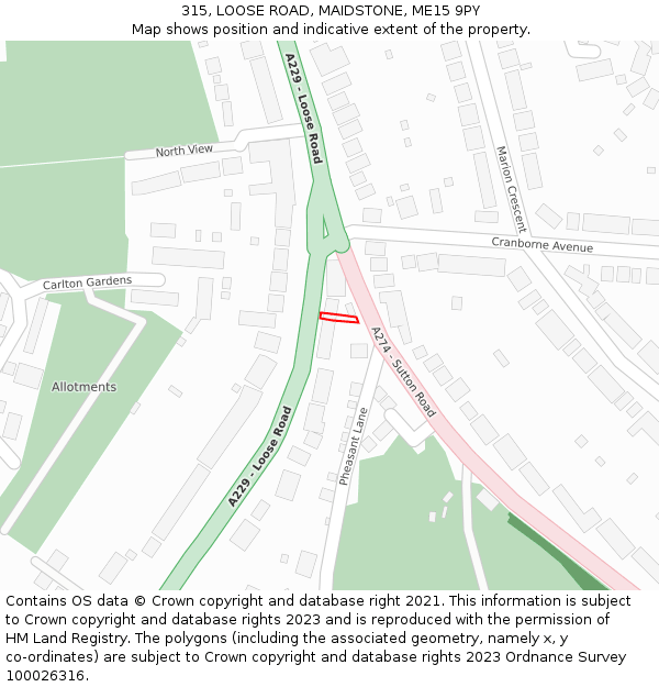 315, LOOSE ROAD, MAIDSTONE, ME15 9PY: Location map and indicative extent of plot