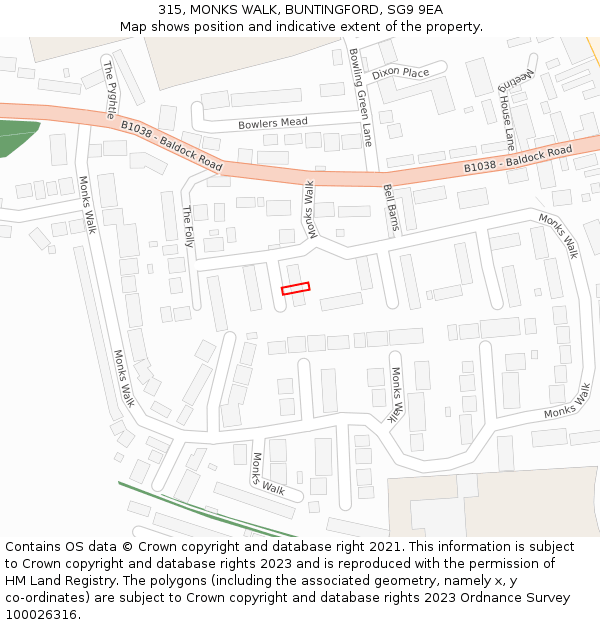 315, MONKS WALK, BUNTINGFORD, SG9 9EA: Location map and indicative extent of plot