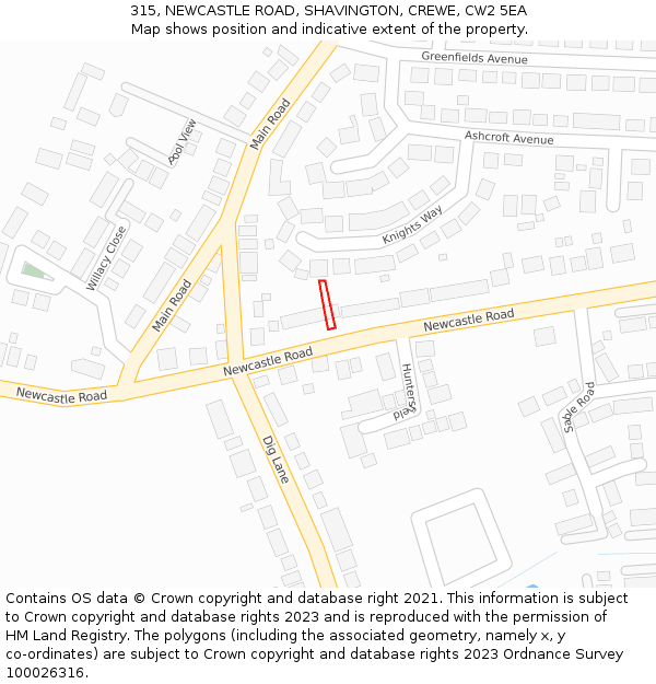 315, NEWCASTLE ROAD, SHAVINGTON, CREWE, CW2 5EA: Location map and indicative extent of plot