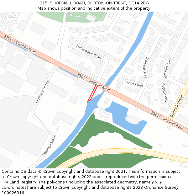 315, SHOBNALL ROAD, BURTON-ON-TRENT, DE14 2BG: Location map and indicative extent of plot