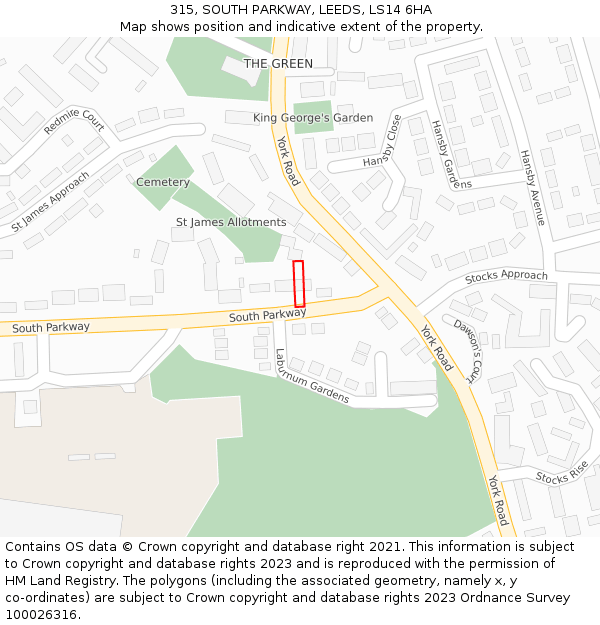 315, SOUTH PARKWAY, LEEDS, LS14 6HA: Location map and indicative extent of plot