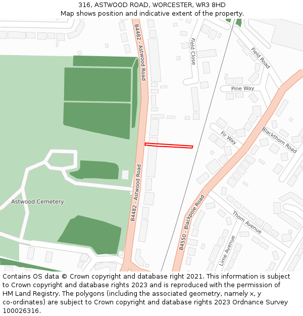 316, ASTWOOD ROAD, WORCESTER, WR3 8HD: Location map and indicative extent of plot