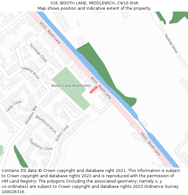 316, BOOTH LANE, MIDDLEWICH, CW10 0HA: Location map and indicative extent of plot