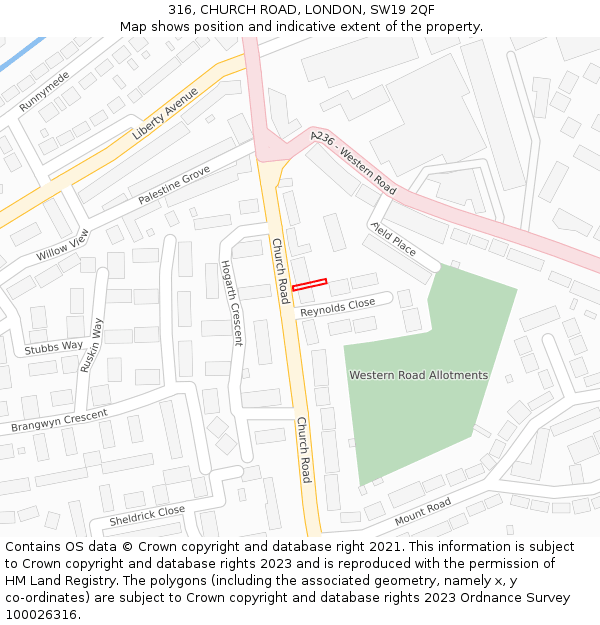 316, CHURCH ROAD, LONDON, SW19 2QF: Location map and indicative extent of plot