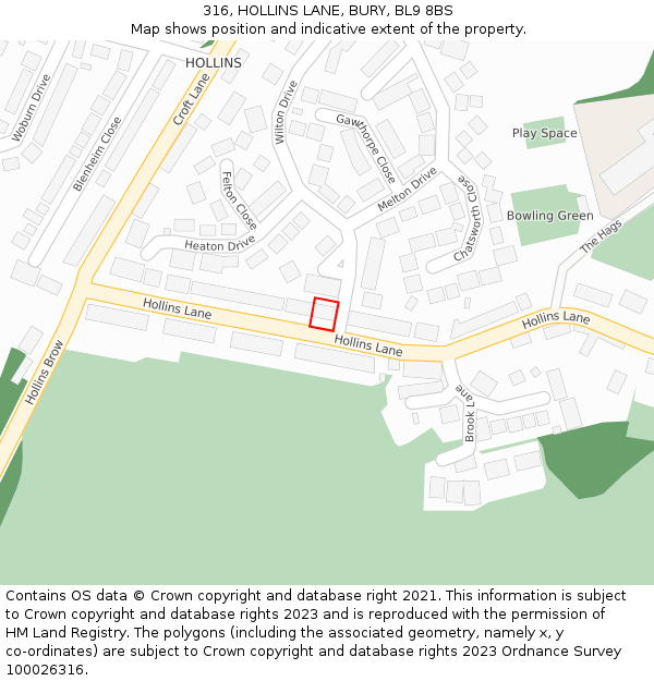 316, HOLLINS LANE, BURY, BL9 8BS: Location map and indicative extent of plot