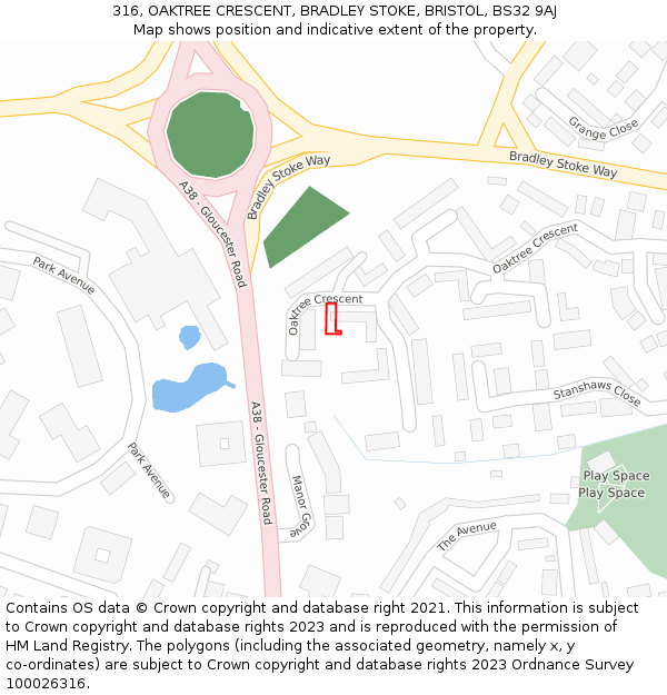 316, OAKTREE CRESCENT, BRADLEY STOKE, BRISTOL, BS32 9AJ: Location map and indicative extent of plot