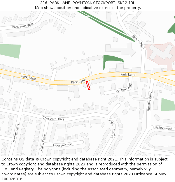 316, PARK LANE, POYNTON, STOCKPORT, SK12 1RL: Location map and indicative extent of plot