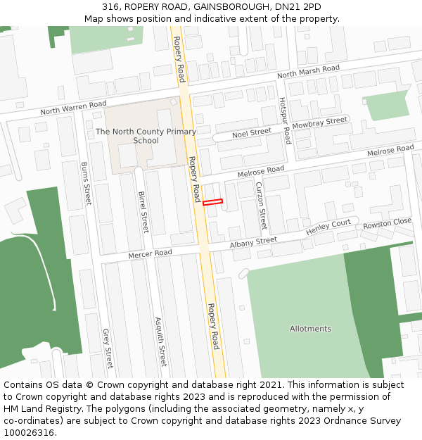 316, ROPERY ROAD, GAINSBOROUGH, DN21 2PD: Location map and indicative extent of plot