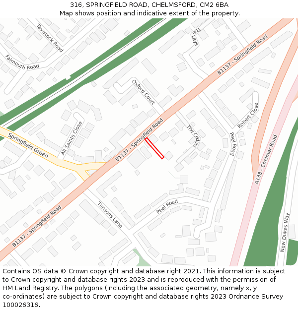 316, SPRINGFIELD ROAD, CHELMSFORD, CM2 6BA: Location map and indicative extent of plot