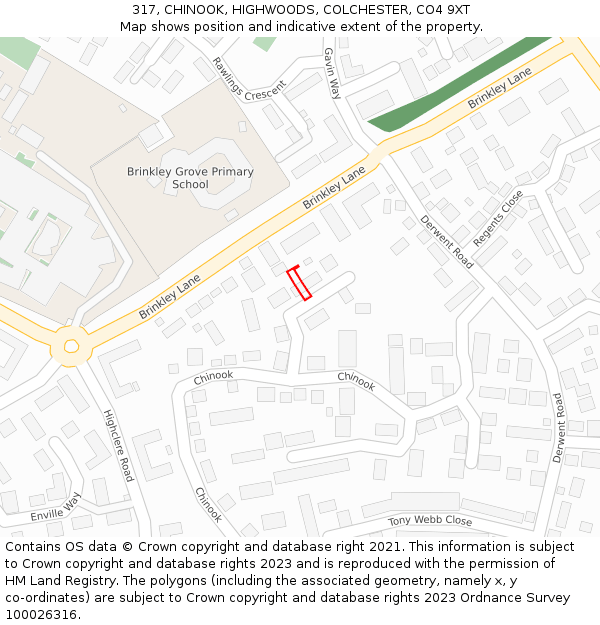 317, CHINOOK, HIGHWOODS, COLCHESTER, CO4 9XT: Location map and indicative extent of plot