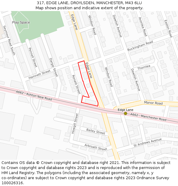 317, EDGE LANE, DROYLSDEN, MANCHESTER, M43 6LU: Location map and indicative extent of plot