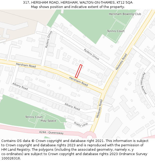 317, HERSHAM ROAD, HERSHAM, WALTON-ON-THAMES, KT12 5QA: Location map and indicative extent of plot