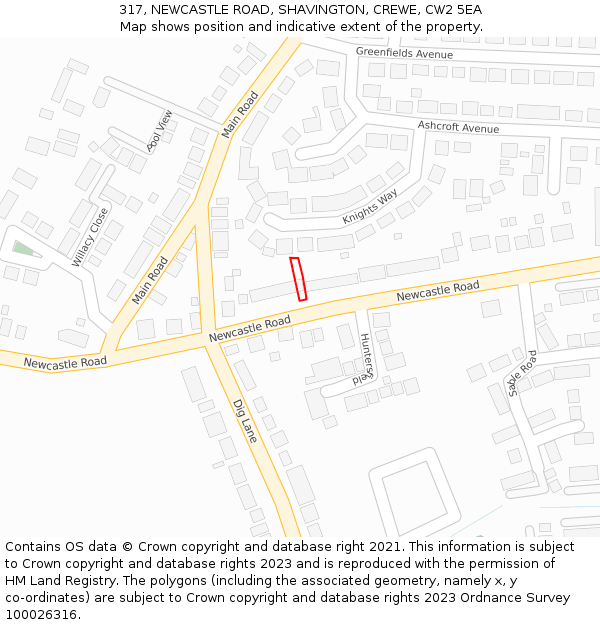 317, NEWCASTLE ROAD, SHAVINGTON, CREWE, CW2 5EA: Location map and indicative extent of plot