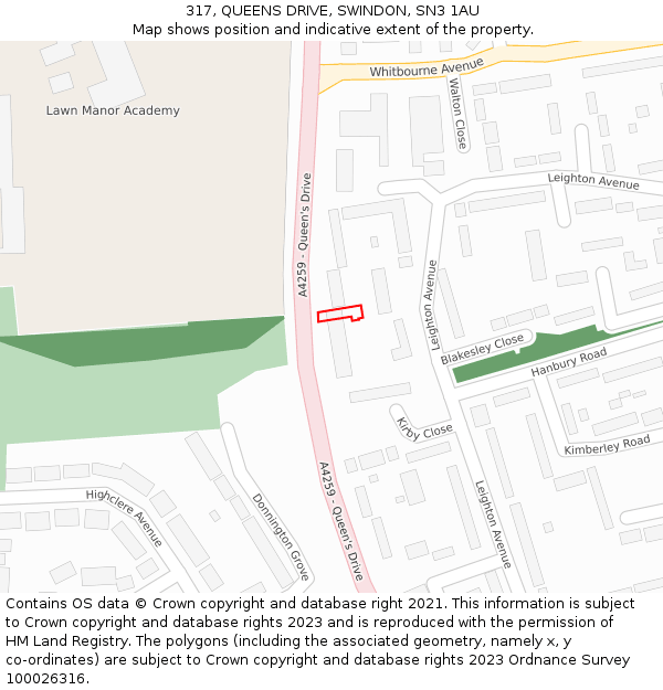317, QUEENS DRIVE, SWINDON, SN3 1AU: Location map and indicative extent of plot