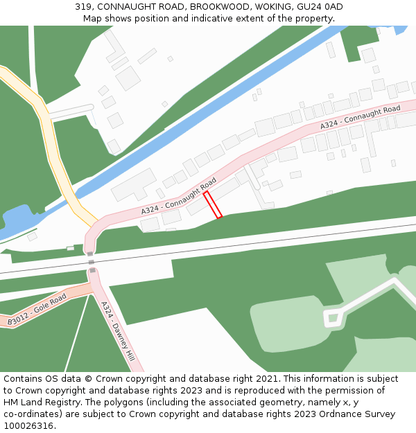 319, CONNAUGHT ROAD, BROOKWOOD, WOKING, GU24 0AD: Location map and indicative extent of plot