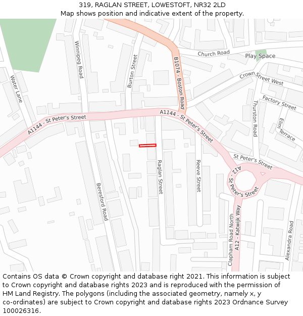 319, RAGLAN STREET, LOWESTOFT, NR32 2LD: Location map and indicative extent of plot