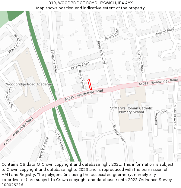 319, WOODBRIDGE ROAD, IPSWICH, IP4 4AX: Location map and indicative extent of plot
