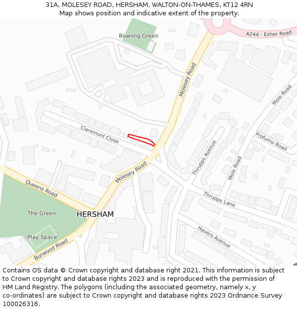 31A, MOLESEY ROAD, HERSHAM, WALTON-ON-THAMES, KT12 4RN: Location map and indicative extent of plot