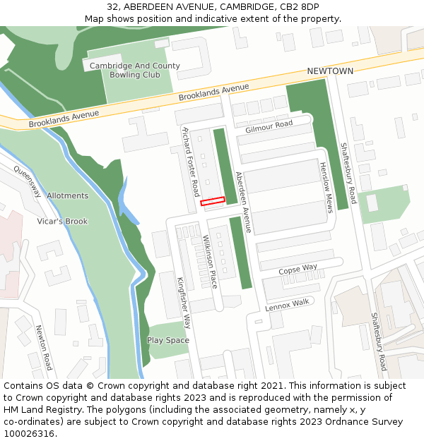 32, ABERDEEN AVENUE, CAMBRIDGE, CB2 8DP: Location map and indicative extent of plot