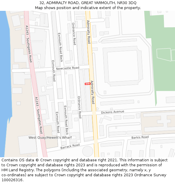 32, ADMIRALTY ROAD, GREAT YARMOUTH, NR30 3DQ: Location map and indicative extent of plot