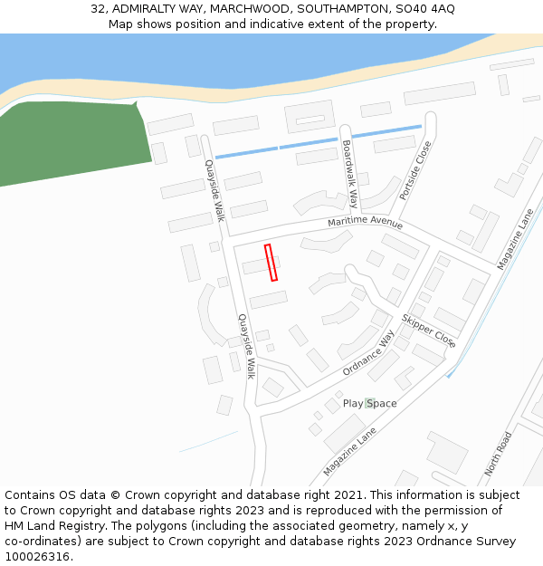 32, ADMIRALTY WAY, MARCHWOOD, SOUTHAMPTON, SO40 4AQ: Location map and indicative extent of plot
