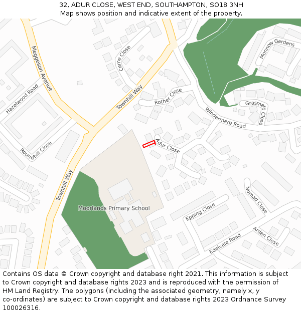 32, ADUR CLOSE, WEST END, SOUTHAMPTON, SO18 3NH: Location map and indicative extent of plot