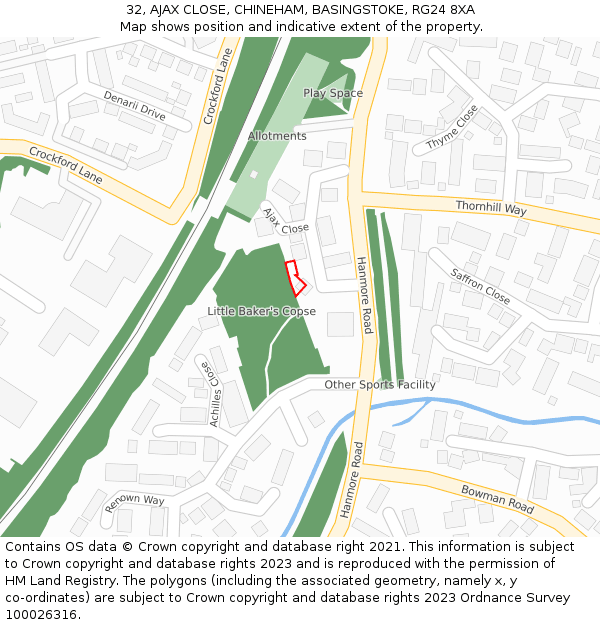32, AJAX CLOSE, CHINEHAM, BASINGSTOKE, RG24 8XA: Location map and indicative extent of plot