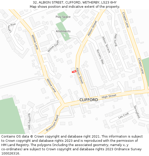 32, ALBION STREET, CLIFFORD, WETHERBY, LS23 6HY: Location map and indicative extent of plot