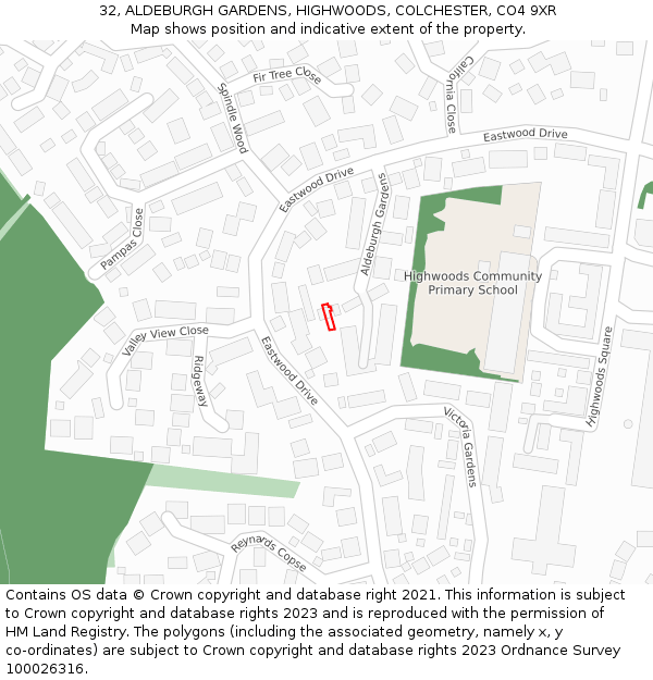 32, ALDEBURGH GARDENS, HIGHWOODS, COLCHESTER, CO4 9XR: Location map and indicative extent of plot