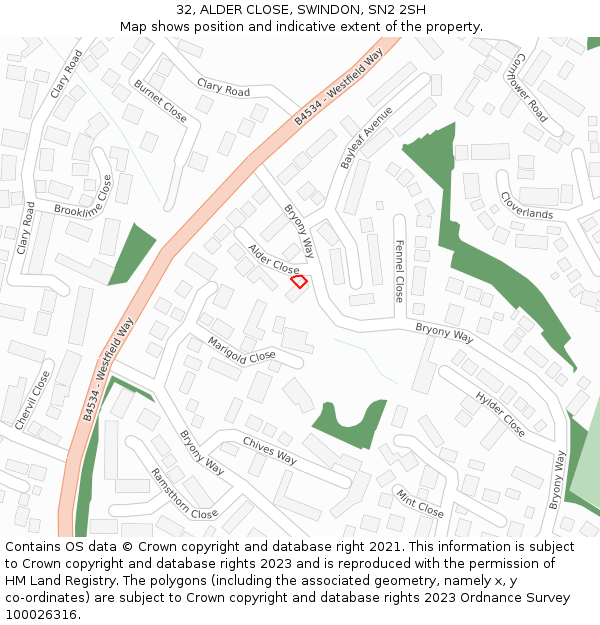 32, ALDER CLOSE, SWINDON, SN2 2SH: Location map and indicative extent of plot