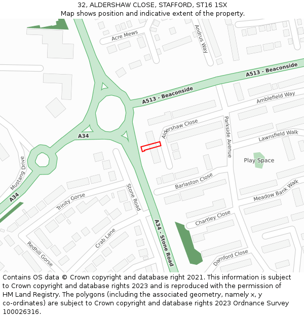 32, ALDERSHAW CLOSE, STAFFORD, ST16 1SX: Location map and indicative extent of plot