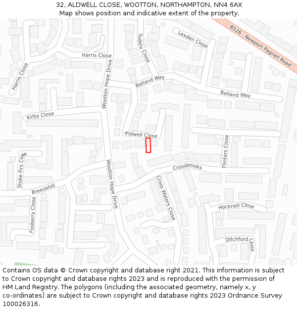 32, ALDWELL CLOSE, WOOTTON, NORTHAMPTON, NN4 6AX: Location map and indicative extent of plot