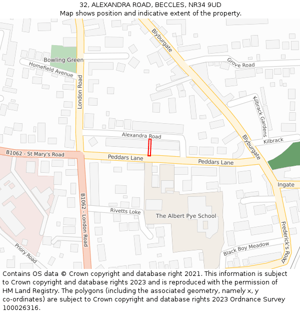 32, ALEXANDRA ROAD, BECCLES, NR34 9UD: Location map and indicative extent of plot