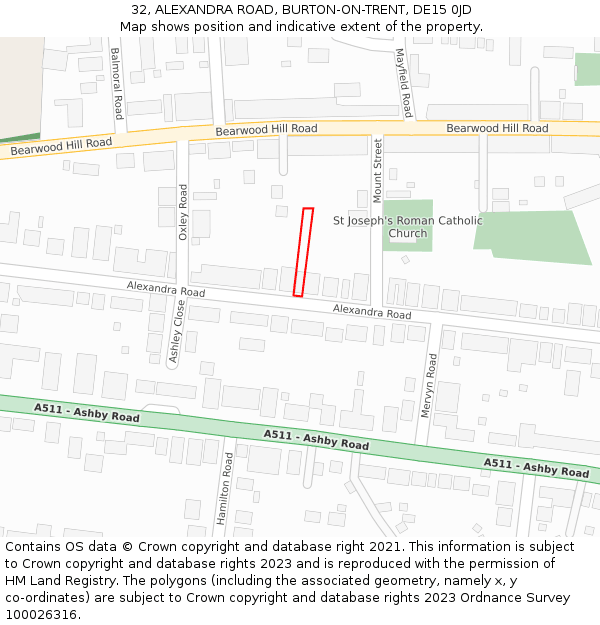 32, ALEXANDRA ROAD, BURTON-ON-TRENT, DE15 0JD: Location map and indicative extent of plot