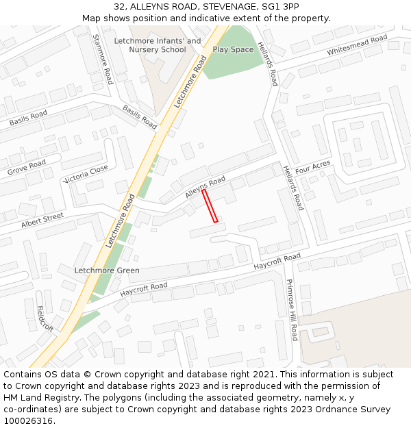 32, ALLEYNS ROAD, STEVENAGE, SG1 3PP: Location map and indicative extent of plot