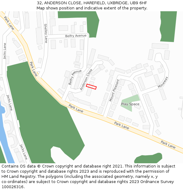 32, ANDERSON CLOSE, HAREFIELD, UXBRIDGE, UB9 6HF: Location map and indicative extent of plot