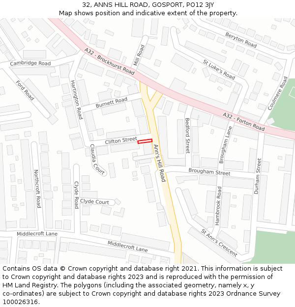 32, ANNS HILL ROAD, GOSPORT, PO12 3JY: Location map and indicative extent of plot