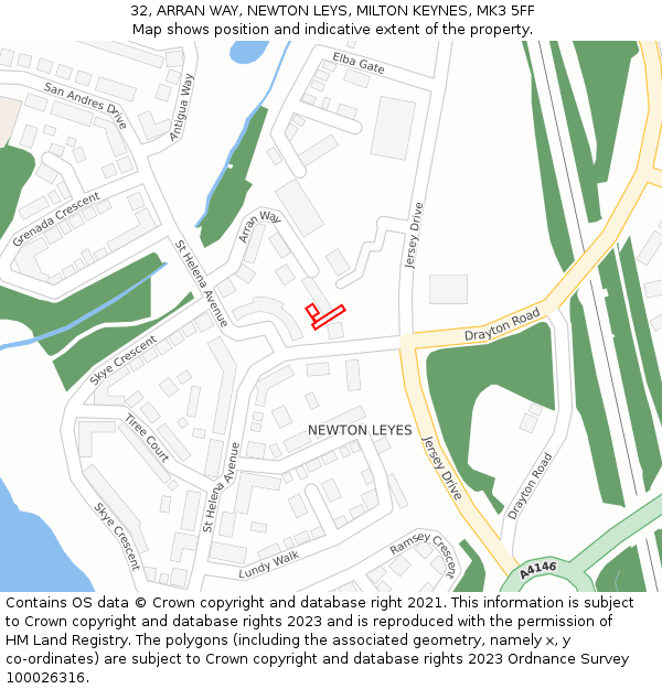 32, ARRAN WAY, NEWTON LEYS, MILTON KEYNES, MK3 5FF: Location map and indicative extent of plot