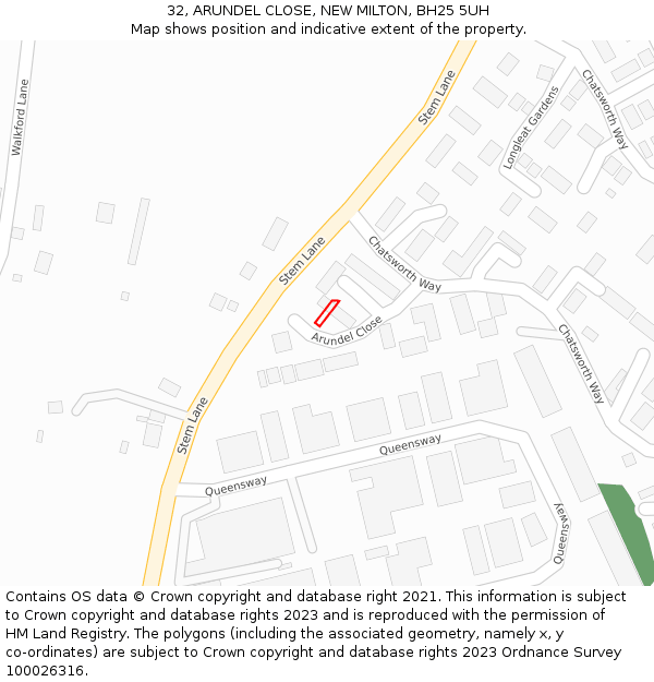 32, ARUNDEL CLOSE, NEW MILTON, BH25 5UH: Location map and indicative extent of plot