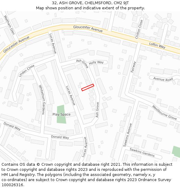 32, ASH GROVE, CHELMSFORD, CM2 9JT: Location map and indicative extent of plot