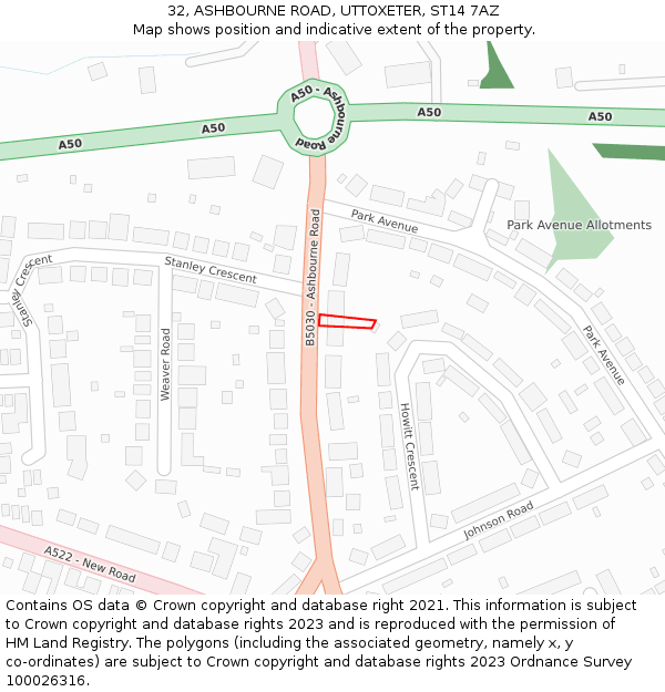 32, ASHBOURNE ROAD, UTTOXETER, ST14 7AZ: Location map and indicative extent of plot