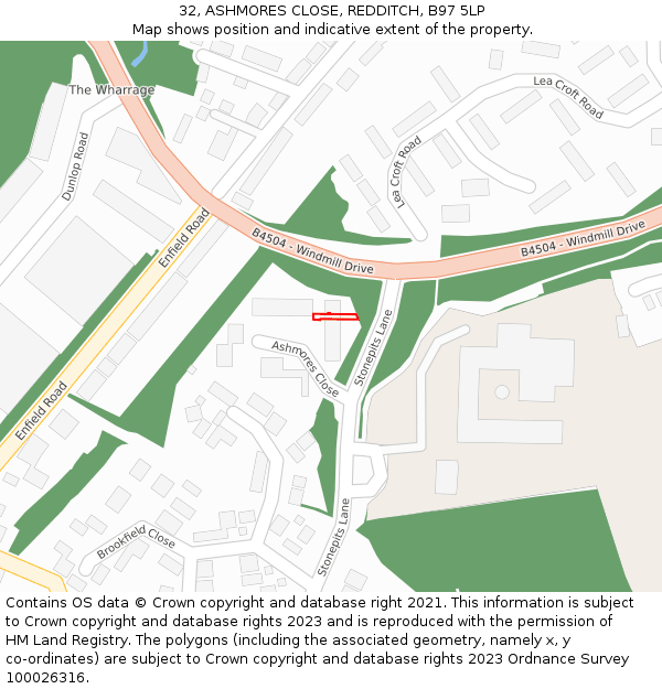 32, ASHMORES CLOSE, REDDITCH, B97 5LP: Location map and indicative extent of plot