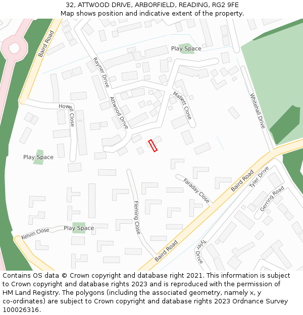32, ATTWOOD DRIVE, ARBORFIELD, READING, RG2 9FE: Location map and indicative extent of plot