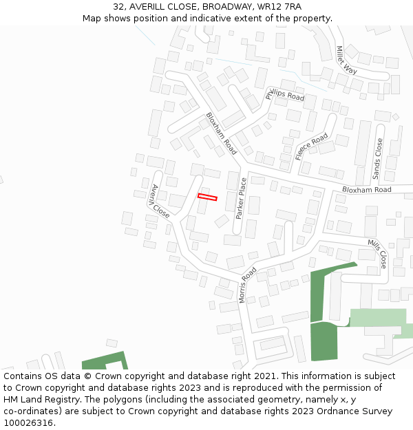 32, AVERILL CLOSE, BROADWAY, WR12 7RA: Location map and indicative extent of plot