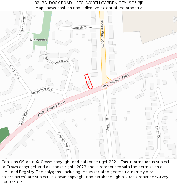 32, BALDOCK ROAD, LETCHWORTH GARDEN CITY, SG6 3JP: Location map and indicative extent of plot