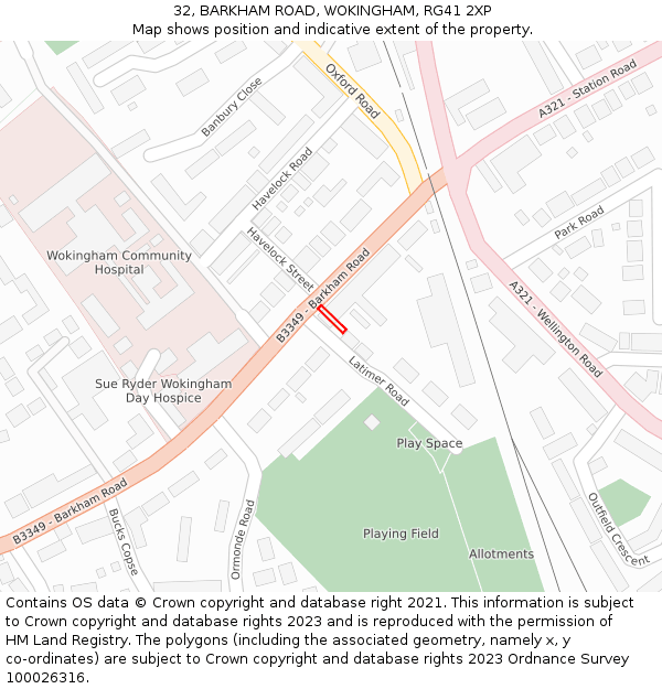 32, BARKHAM ROAD, WOKINGHAM, RG41 2XP: Location map and indicative extent of plot